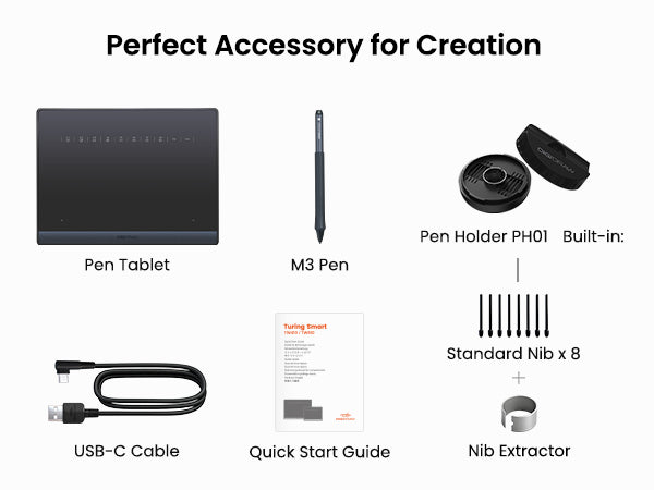 DIGIDRAW Turing Smart S TW410 complete package contents include pen tablet, M3 stylus, USB-C cable, quick start guide, pen holder, 8 standard nibs, and nib extractor