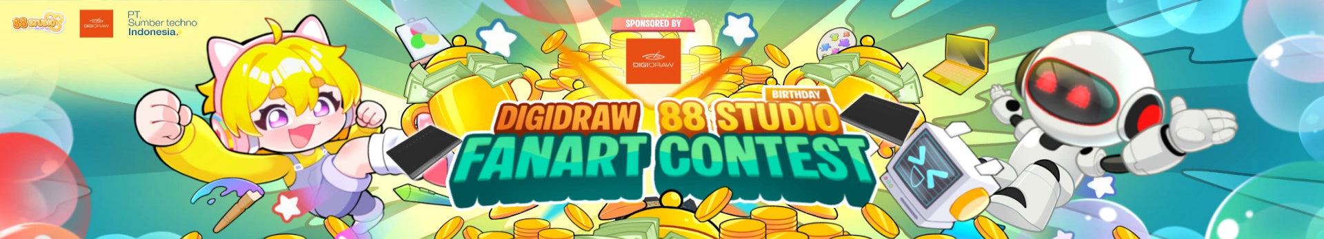 Horizontal promotional poster for the DIGIDRAW and 88 Studio Birthday Fanart Contest 2026, featuring the charming anime mascot and branding for a worldwide online art competition.