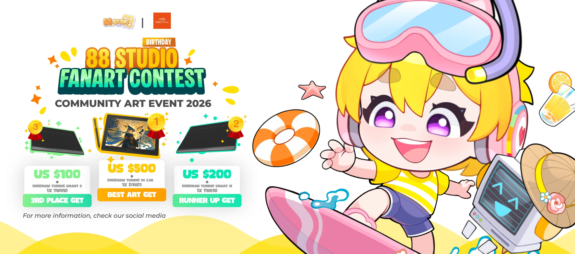 DIGIDRAW x 88 Studio Birthday Fanart Contest 2026 homepage banner highlighting prizes: Best Art gets $500 and a DIGIDRAW Turing 14 2.5K D1401 tablet, Runner Up gets $200 and a Turing Smart M TW610, and 3rd Place gets $100 and a Turing Smart S TW410.