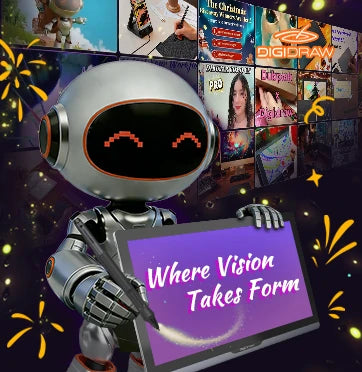DIGIDRAW brand robot mascot holding a pen display with the slogan 'Where Vision Takes Form' to convey brand identity.
