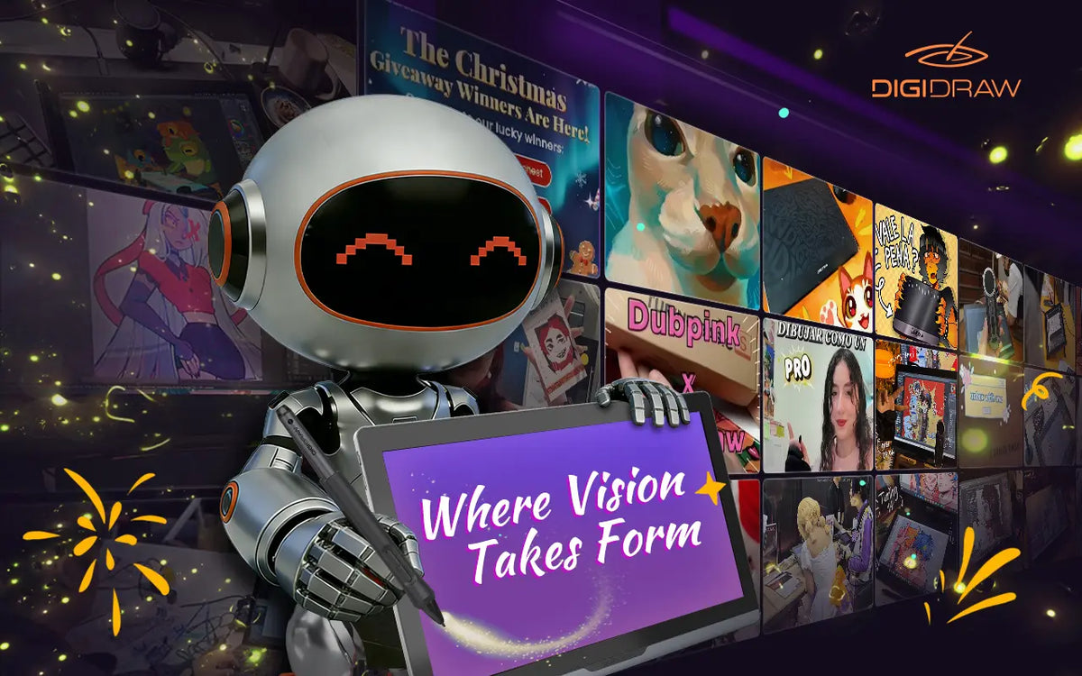 DIGIDRAW brand robot mascot holding a pen display with the slogan 'Where Vision Takes Form' to convey brand identity.
