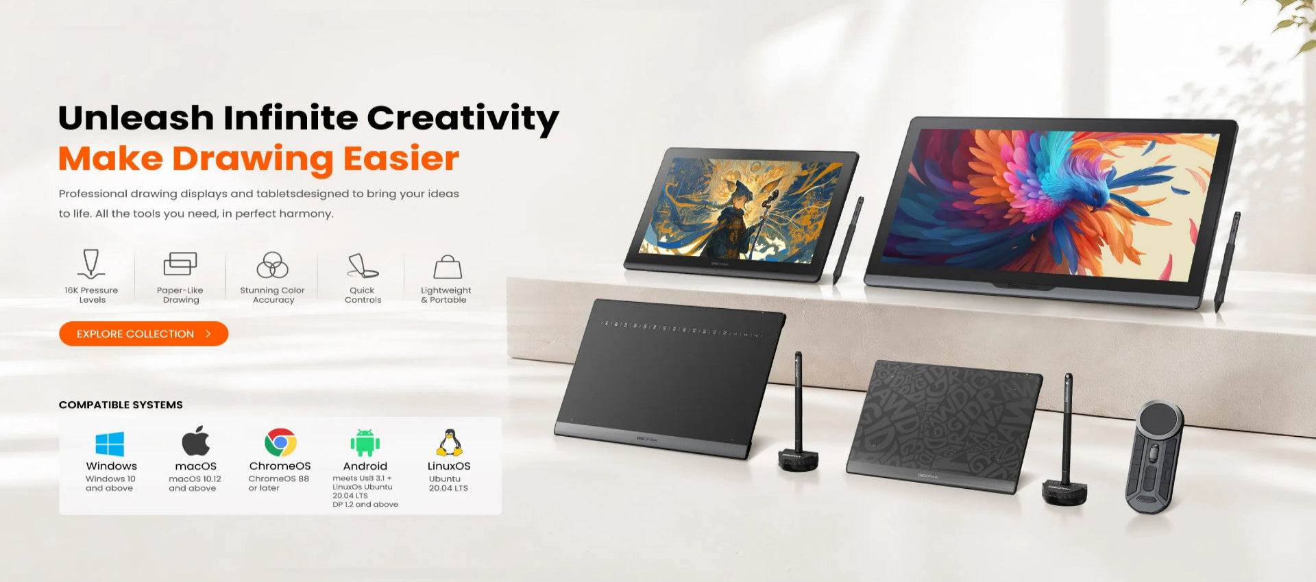 DIGIDRAW professional pen displays and drawing tablets hero banner showcasing product line and system compatibility for creators