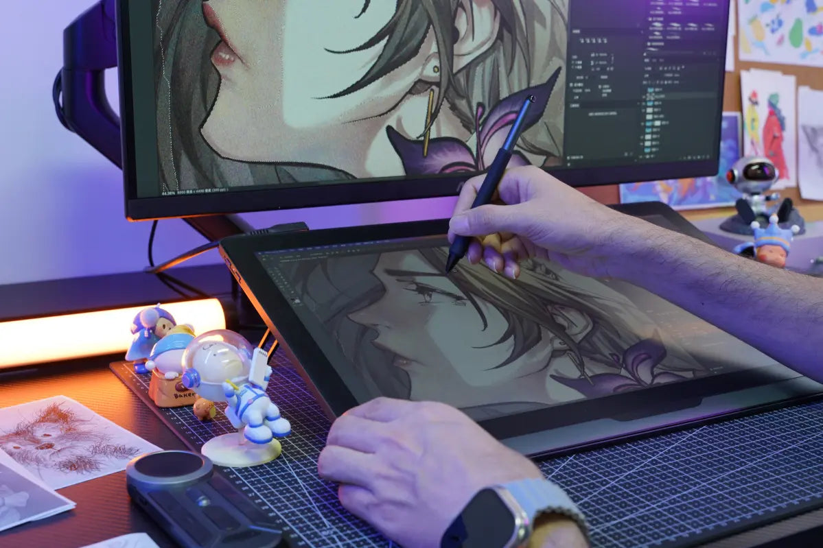 Artist creating expressive digital character illustration on a DIGIDRAW pen display with precise pressure sensitivity.