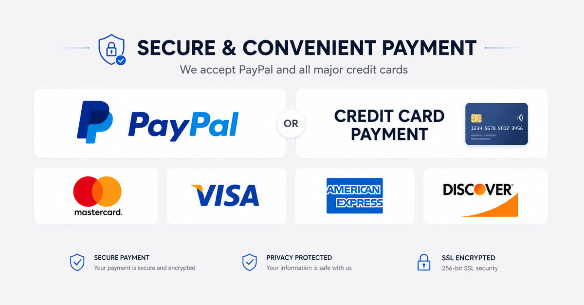 Módulo de insignias de pago seguro que muestra las opciones de pago de PayPal, Visa, Mastercard, American Express, DISCOVER y el pago cifrado SSL.