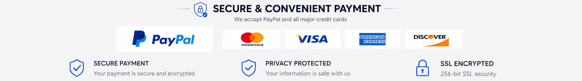Módulo de insignias de pago seguro que muestra las opciones de pago de PayPal, Visa, Mastercard, American Express, DISCOVER y el pago cifrado SSL.