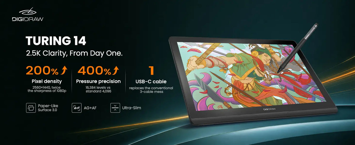 Display de lápiz DIGIDRAW Turing 14 con claridad 2.5K, densidad de píxeles al 200%, 16384 niveles de presión y conexión mediante un solo cable USB-C.