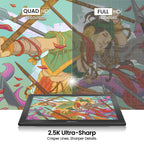 Comparación de DIGIDRAW Turing 14 (resolución 2.5K Quad HD 2560x1600) frente a Full HD, ofreciendo líneas más nítidas y detalles más definidos.