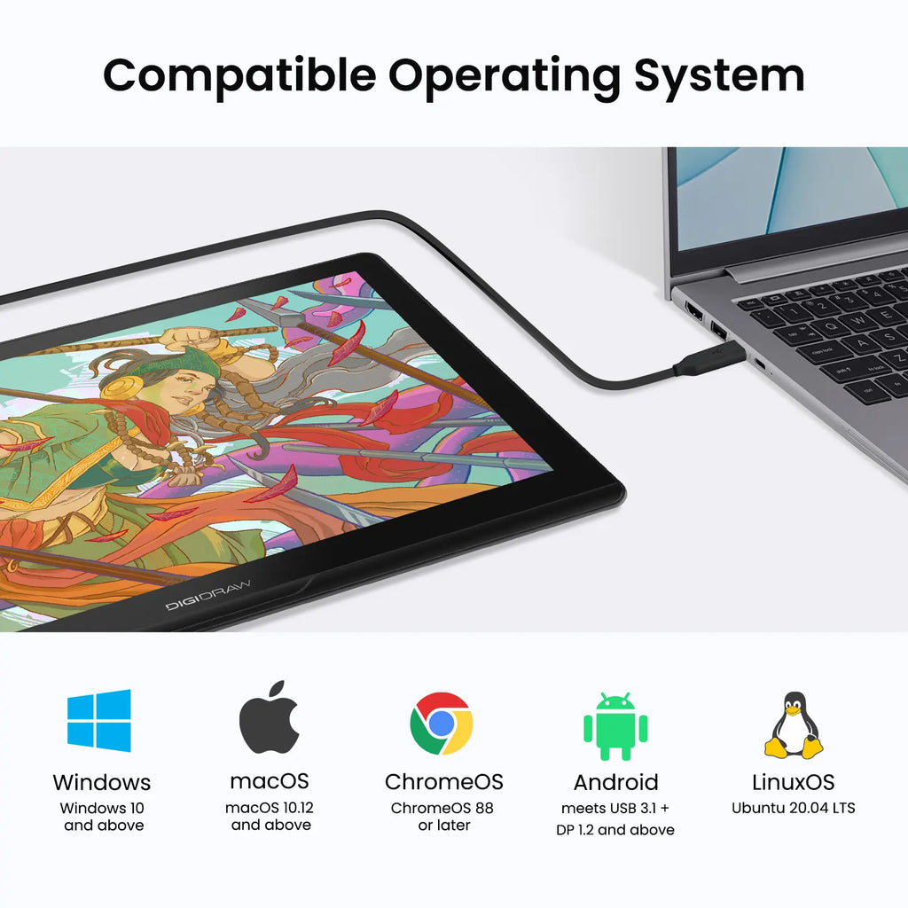 DIGIDRAW Turing 14 compatible con Windows, macOS, ChromeOS, Android y LinuxOS para flujos de trabajo creativos versátiles.