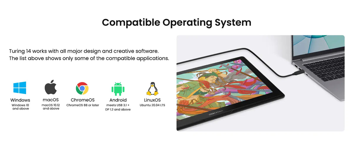 DIGIDRAW Turing 14 funciona sin problemas con los sistemas operativos Windows, macOS, ChromeOS, Android y Linux.