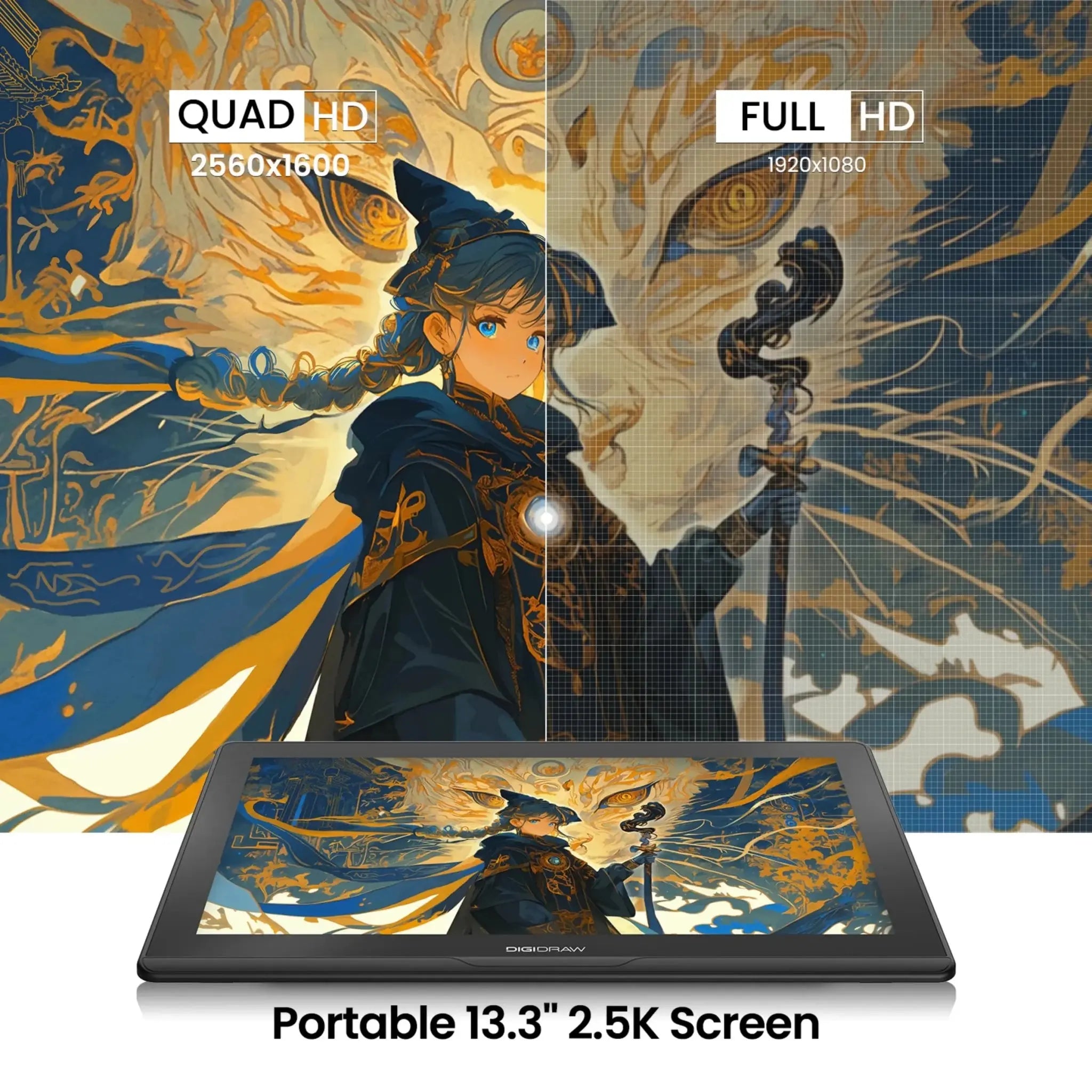 DIGIDRAW Turing 14 D1401 2.5K Quad HD 2560x1600 screen resolution comparison showing vastly superior clarity and detail over standard 1080p Full HD.
