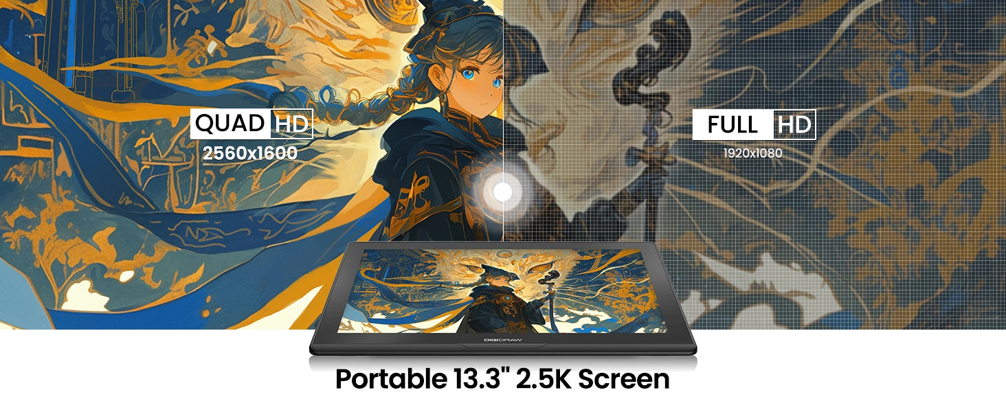 DIGIDRAW Turing 14 D1401 2.5K Quad HD 2560x1600 screen resolution comparison showing vastly superior clarity and detail over standard 1080p Full HD.