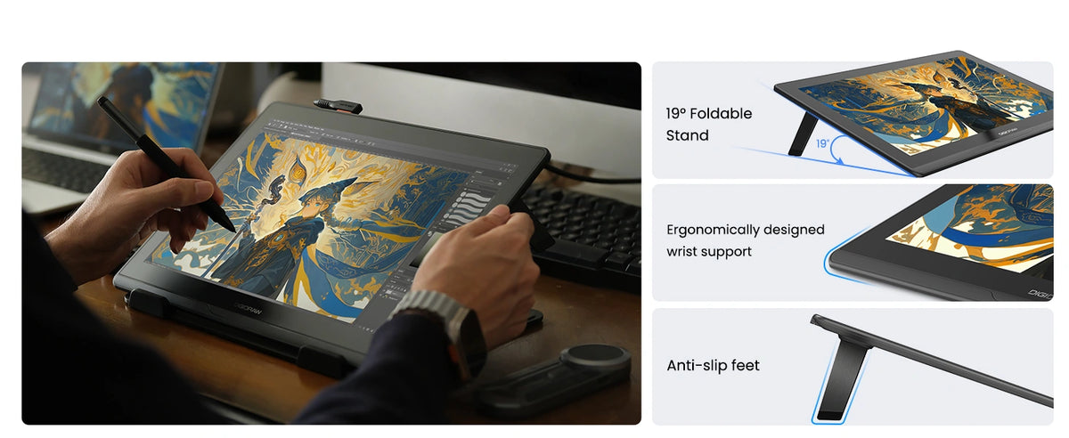 DIGIDRAW Turing 14 D1401 with adjustable 20-degree ergonomic stand, magnetic attachment, and anti-slip feet for comfortable use