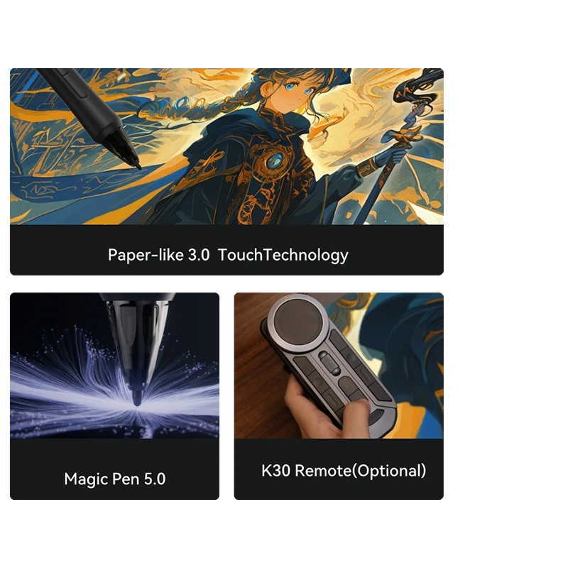 DIGIDRAW Turing 14 D1401 key feature showcase including Paper-like 3.0 touch technology, Magic Pen 5.0, and the optional K30 Bluetooth wireless remote.