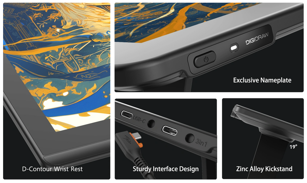 DIGIDRAW Turing 14 D1401 hardware construction details including D-Contour wrist rest, exclusive nameplate, sturdy USB-C interface design, and zinc alloy 19-degree kickstand.