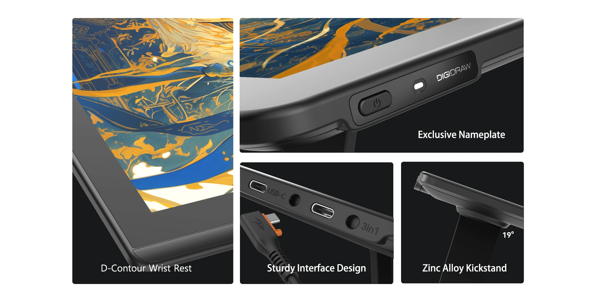 DIGIDRAW Turing 14 D1401 hardware construction details including D-Contour wrist rest, exclusive nameplate, sturdy USB-C interface design, and zinc alloy 19-degree kickstand.