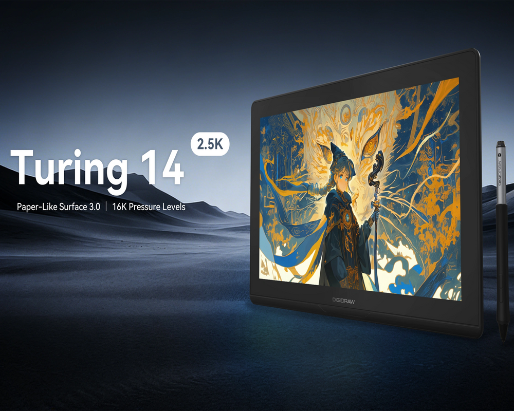 DIGIDRAW Turing 14 D1401 2.5K drawing tablet hero banner highlighting Paper-Like Surface 3.0 and 16K pressure levels for professional digital art.