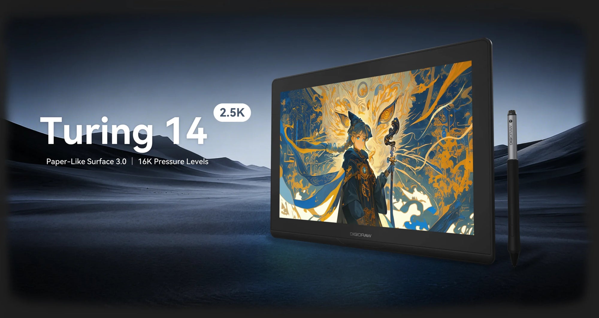 DIGIDRAW Turing 14 D1401 2.5K drawing tablet hero banner highlighting Paper-Like Surface 3.0 and 16K pressure levels for professional digital art.