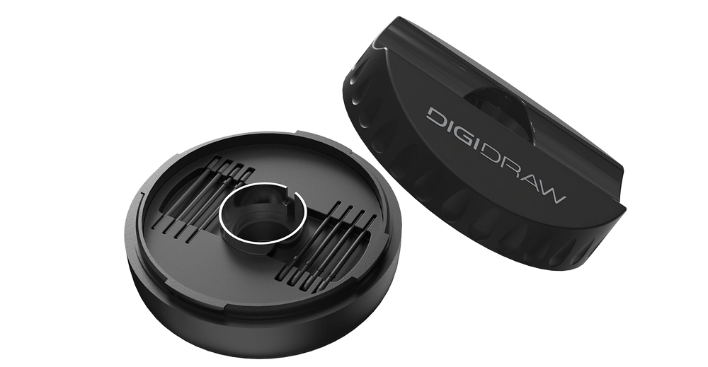 DIGIDRAW Turing 14 D1401 PH01 pen holder stand featuring built-in storage for standard nibs and a nib extractor, keeping the stylus upright and organized.