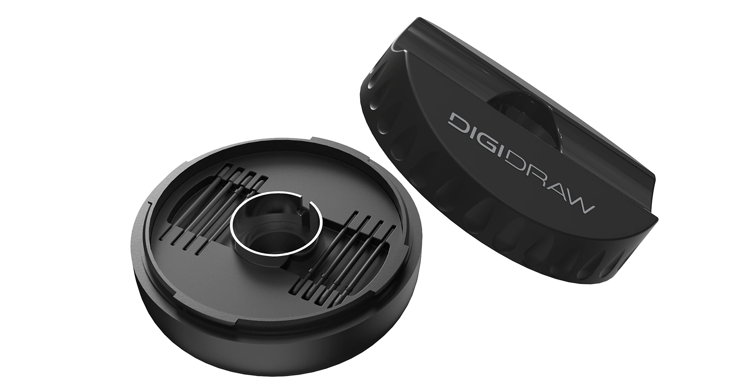 DIGIDRAW Turing 14 D1401 PH01 pen holder stand featuring built-in storage for standard nibs and a nib extractor, keeping the stylus upright and organized.