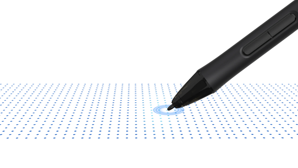 DIGIDRAW Turing 14 D1401 stylus hovering over screen sensor grid, illustrating the highly accurate electromagnetic resonance technology for precise pen tracking.