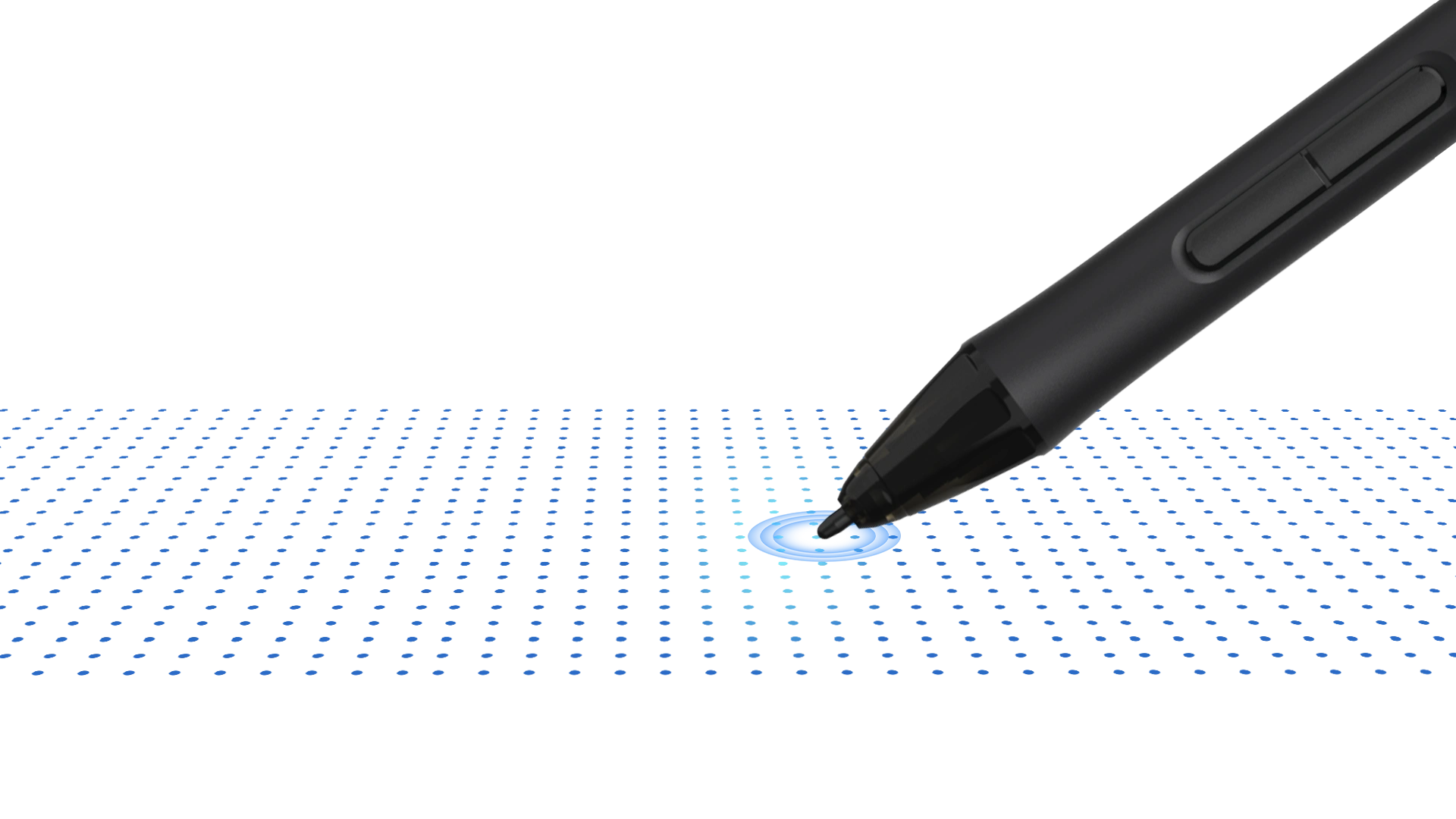 DIGIDRAW Turing 14 D1401 stylus hovering over screen sensor grid, illustrating the highly accurate electromagnetic resonance technology for precise pen tracking.