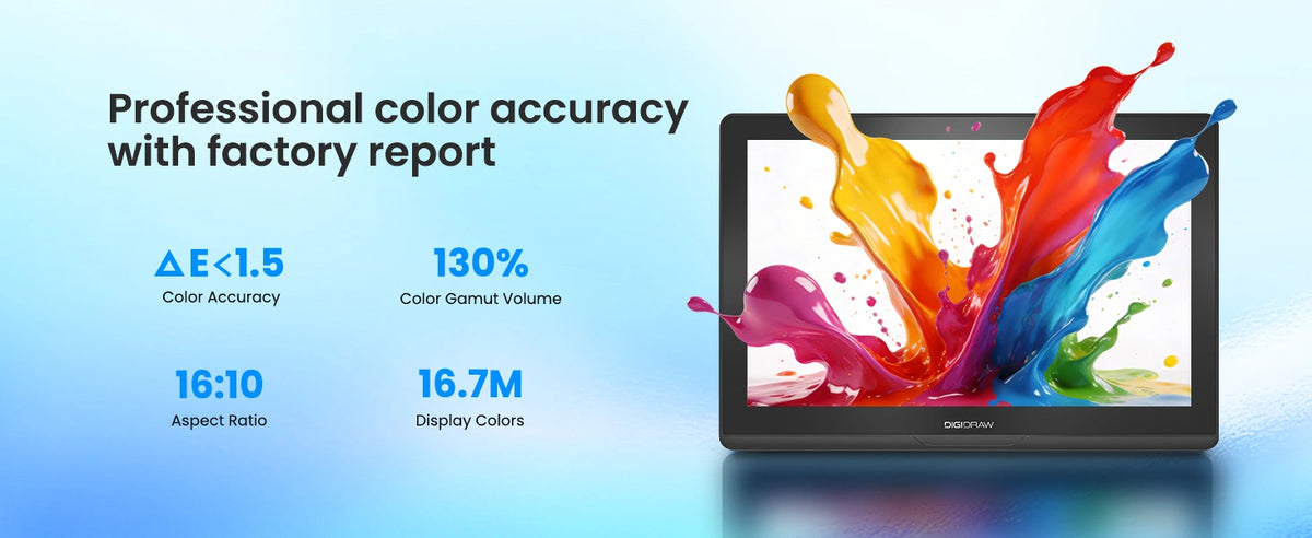 DIGIDRAW Turing 14 D1401 professional color display with factory report, featuring delta E less than 1.5, 130% color gamut, and 16.7M colors for accurate digital painting