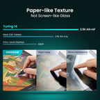 DIGIDRAW Turing 14: display con lápiz con textura similar al papel y revestimiento AG+AF 2.5K, en comparación con pantallas de vidrio estándar.