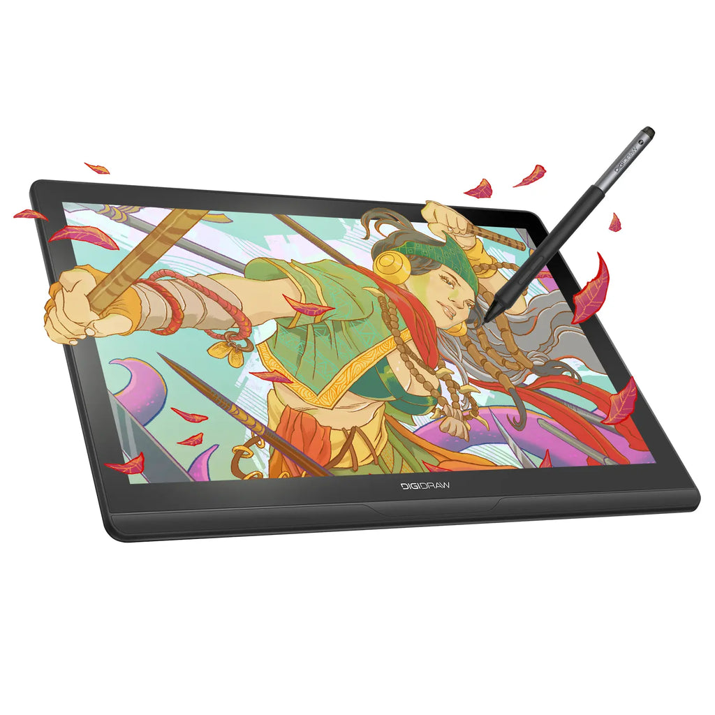 DIGIDRAW Turing 14 pantalla con lápiz que muestra ilustración digital vibrante, perfecta para dibujo profesional y bocetos.