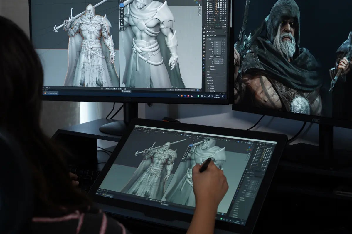 DIGIDRAW Turing 19 pro 4K pen display showcasing real-time 3D character modeling and digital sculpting for game design.