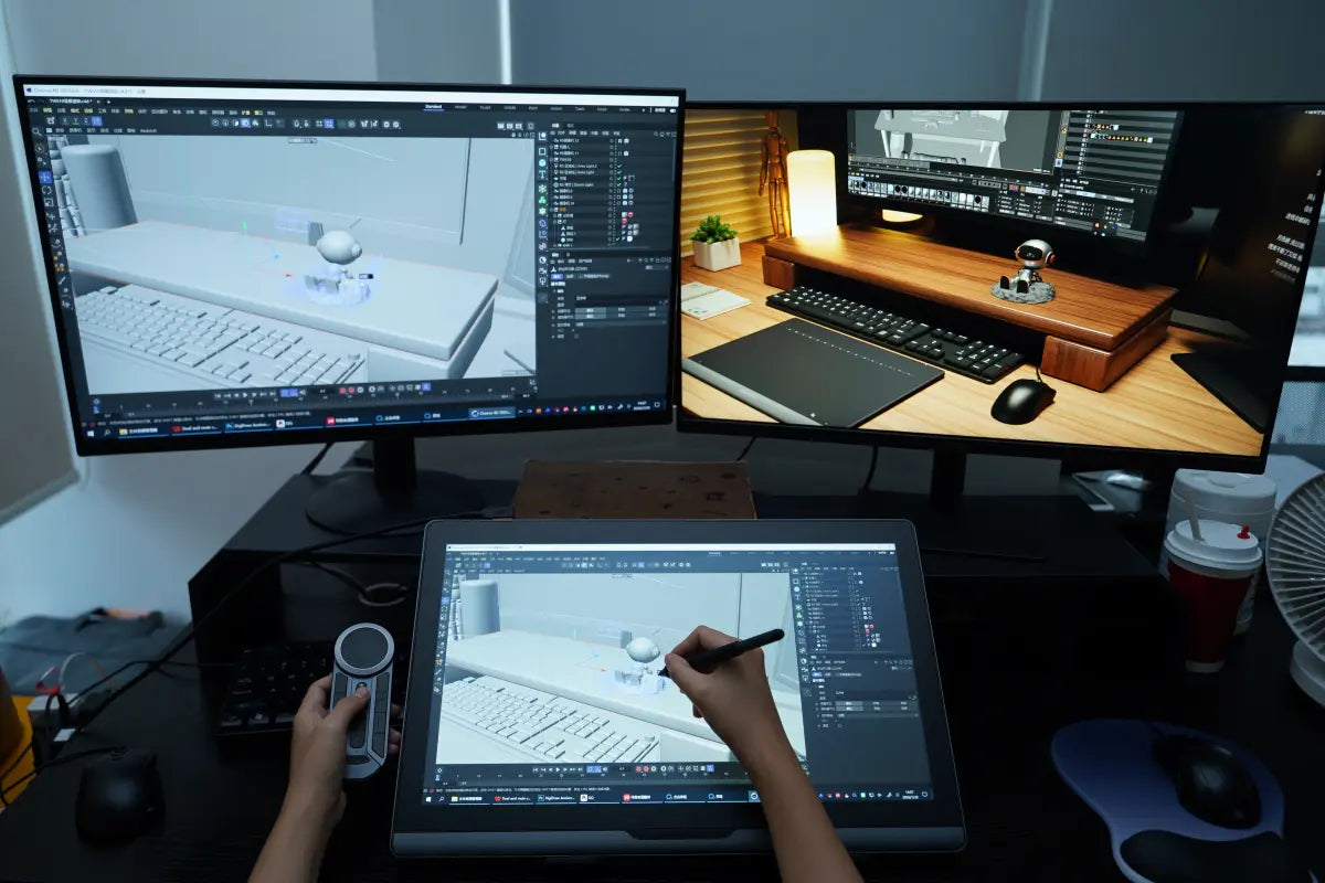 DIGIDRAW Turing 19 pro 4K pen display used for professional 3D modeling and rendering in a multi-monitor studio setup.
