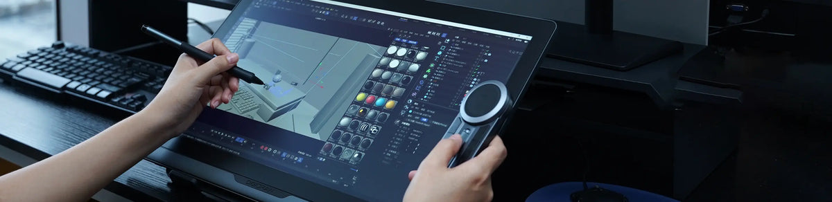 Professional designer using DIGIDRAW Turing 19 pro 4K Pen Display for 3D modeling and design, featuring a built-in shortcut dial for enhanced productivity.
