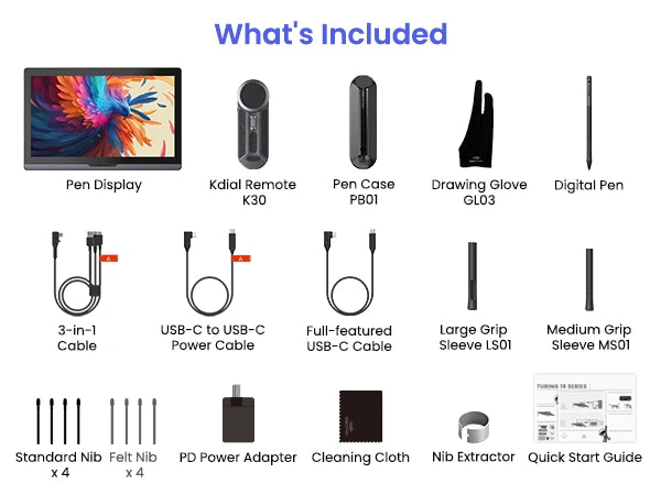 DIGIDRAW Turing 19 Pro D1901T complete box contents including drawing tablet, Magic Pen 5.0, pen holder, nibs, cables, cleaning cloth, and user manual