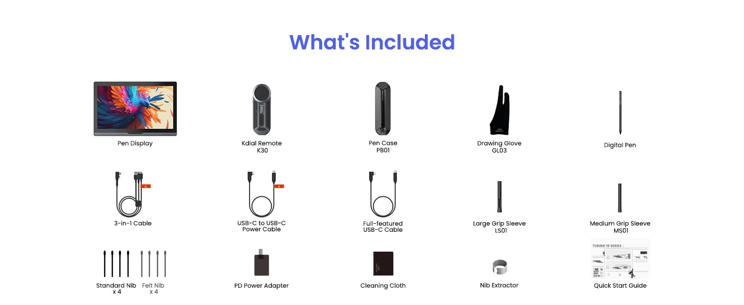 DIGIDRAW Turing 19 Pro D1901T complete box contents including drawing tablet, Magic Pen 5.0, pen holder, nibs, cables, cleaning cloth, and user manual