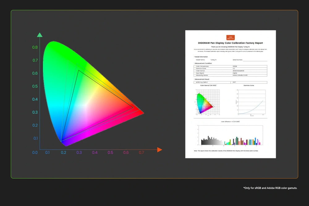 DIGIDRAW Turing 19 Pro D1901T factory color calibration report with Delta E less than 1.3, ensuring out-of-the-box professional color accuracy for designers.
