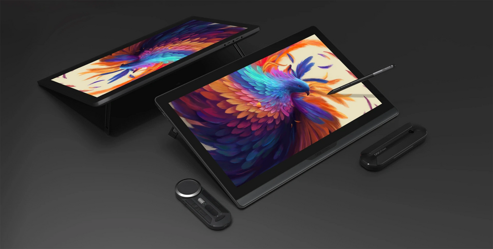 DIGIDRAW Turing 19 Pro D1901T creative ecosystem featuring the 19-inch 4K tablet, K30 wireless remote, and pen box in a professional dark desktop setup.