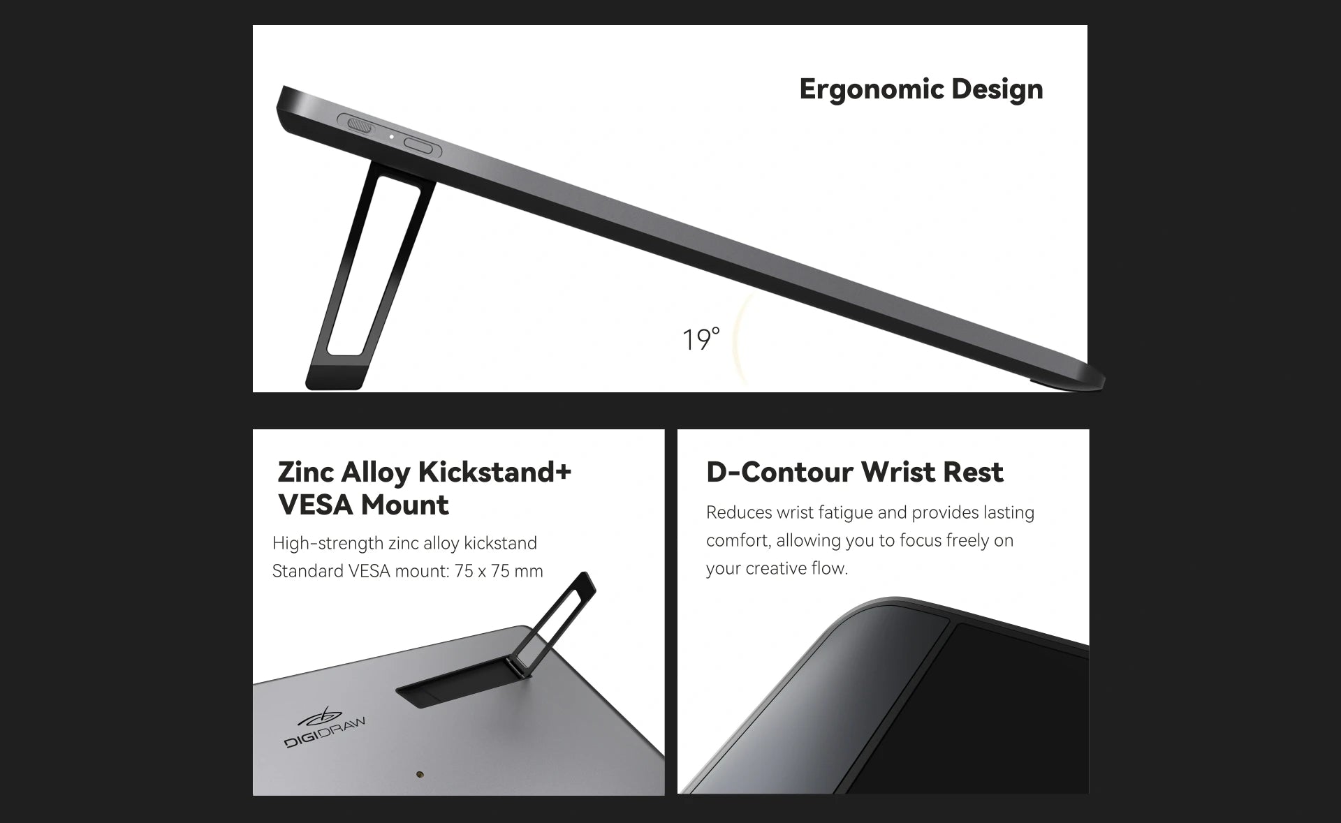 DIGIDRAW Turing 19 Pro D1901T ergonomic design featuring a 19° zinc alloy kickstand, standard 75x75mm VESA mount, and D-Contour wrist rest to reduce fatigue.