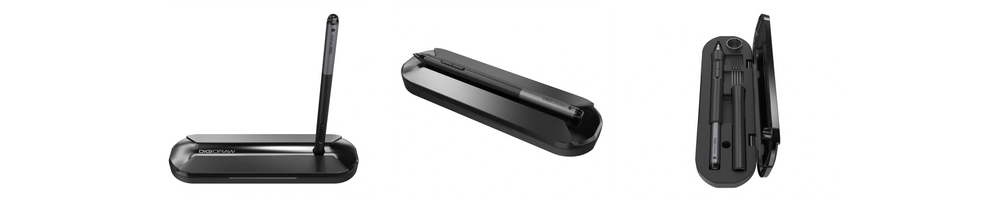 DIGIDRAW Turing 19 Pro pen box showcasing its different usage forms: upright stand, closed storage, and open case layout.