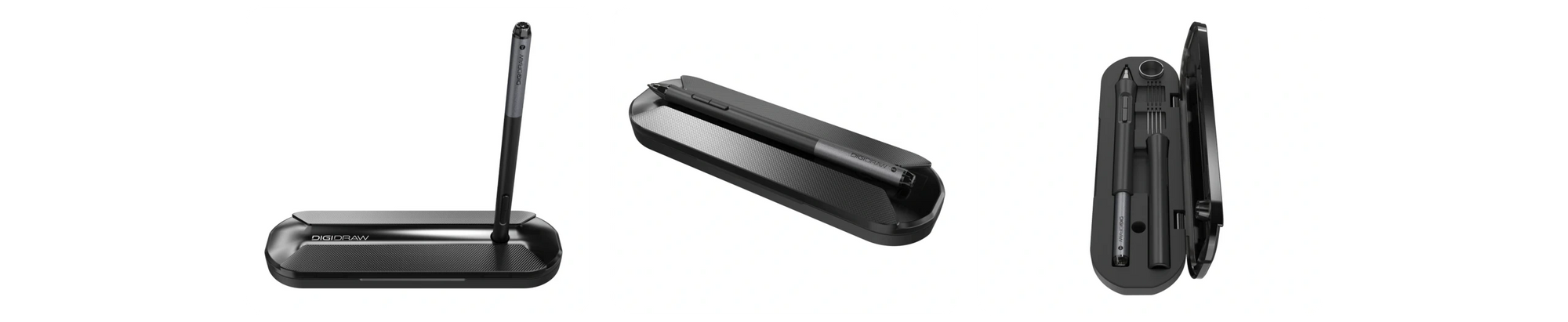 DIGIDRAW Turing 19 Pro pen box showcasing its different usage forms: upright stand, closed storage, and open case layout.