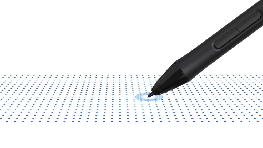 DIGIDRAW Turing 19 Pro stylus hovering over the pen sensor grid, illustrating high-precision electromagnetic resonance technology for accurate line tracking.