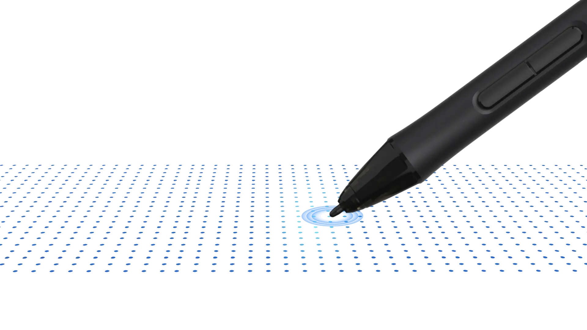 DIGIDRAW Turing 19 Pro stylus hovering over the pen sensor grid, illustrating high-precision electromagnetic resonance technology for accurate line tracking.
