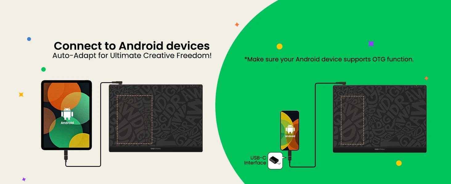 DIGIDRAW Turing Basic M T610 Android connectivity via USB-C and OTG adapter for seamless drawing on smartphones and tablets