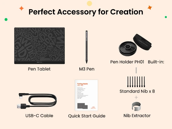 DIGIDRAW Turing Basic M T610 complete accessory kit includes drawing tablet, stylus pen, pen case, cleaning cloth, and USB cable