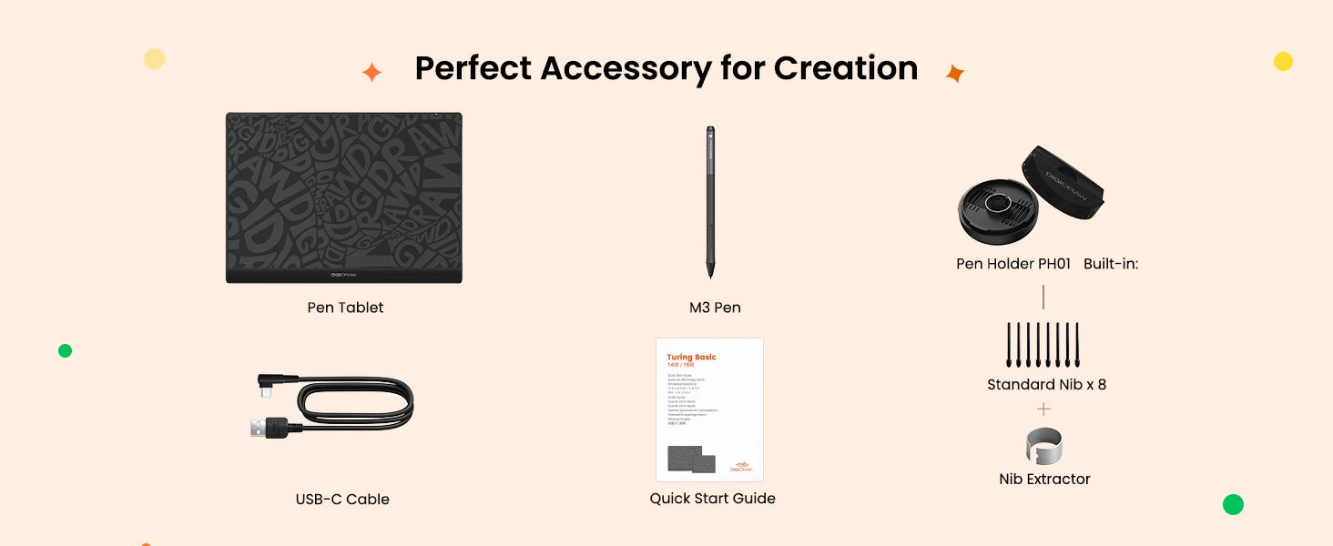 DIGIDRAW Turing Basic M T610 complete accessory kit includes drawing tablet, stylus pen, pen case, cleaning cloth, and USB cable
