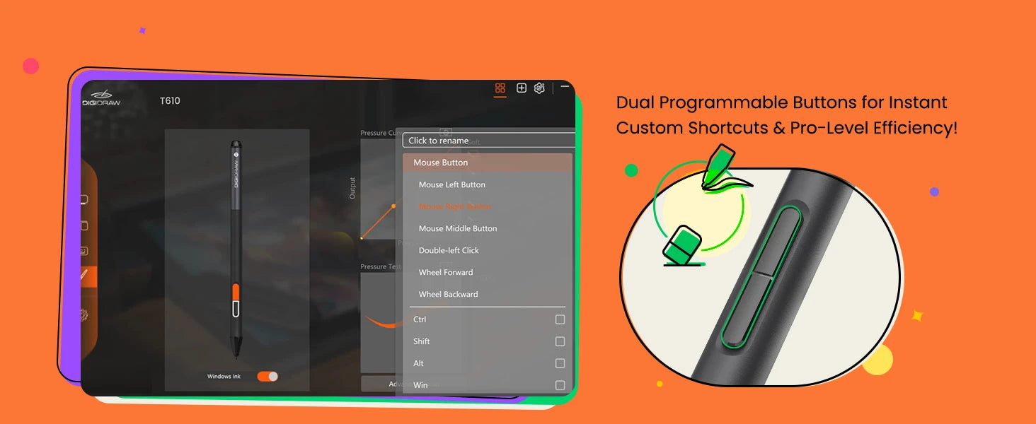 DIGIDRAW Turing Basic M T610 Magic Pen 3.0 driver software interface featuring dual programmable shortcut buttons for customization