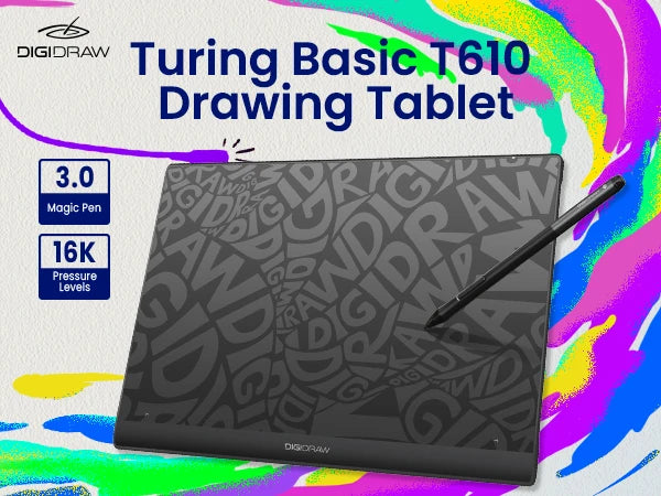 DIGIDRAW Turing Basic M T610 medium-size drawing tablet featuring Magic Pen 3.0 and 16K pressure levels for digital creators