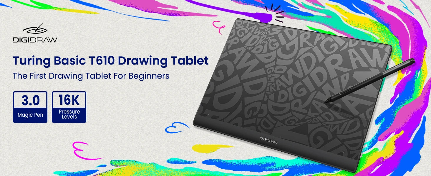 DIGIDRAW Turing Basic M T610 medium-size drawing tablet featuring Magic Pen 3.0 and 16K pressure levels for digital creators