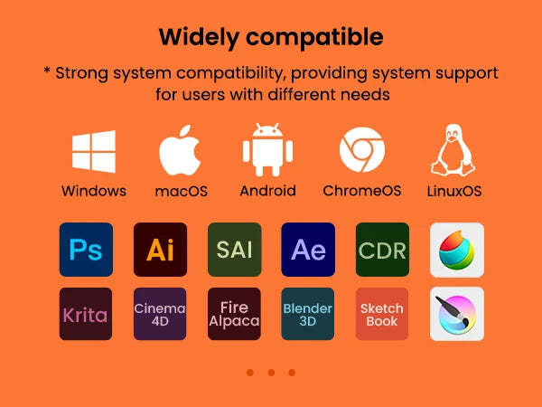 DIGIDRAW Turing Basic M T610 wide compatibility with operating systems and leading design software including Adobe Photoshop, Illustrator, and Clip Studio Paint