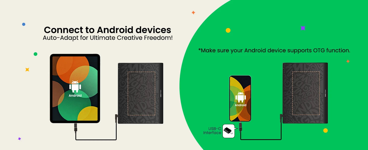 DIGIDRAW Turing Basic S T410 Android connectivity setup using USB-C to OTG adapter for smartphones and tablets