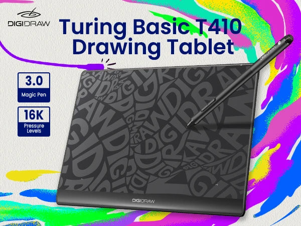 DIGIDRAW Turing Basic S T410 beginner drawing tablet featuring Magic Pen 3.0 and 16K pressure levels for digital art