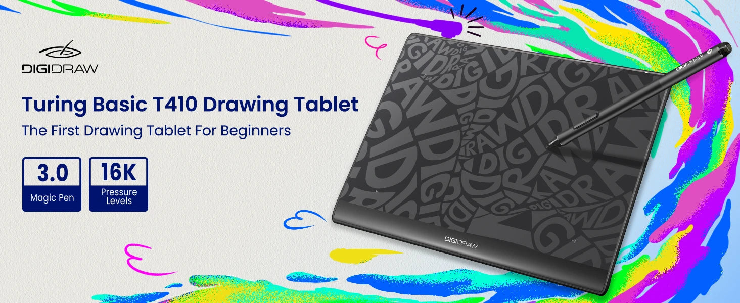 DIGIDRAW Turing Basic S T410 beginner drawing tablet featuring Magic Pen 3.0 and 16K pressure levels for digital art